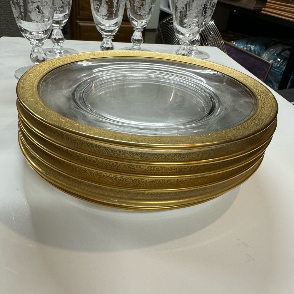Vintage set of 6 tiffin glass . Elegant Gold and Clear Glass Plates